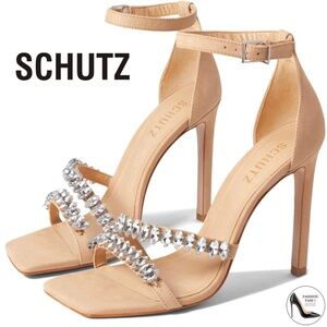 SCHUTZ Linsey Jeweled Stiletto Heel Nude Beige Leather Ankle strap sandals 8.5